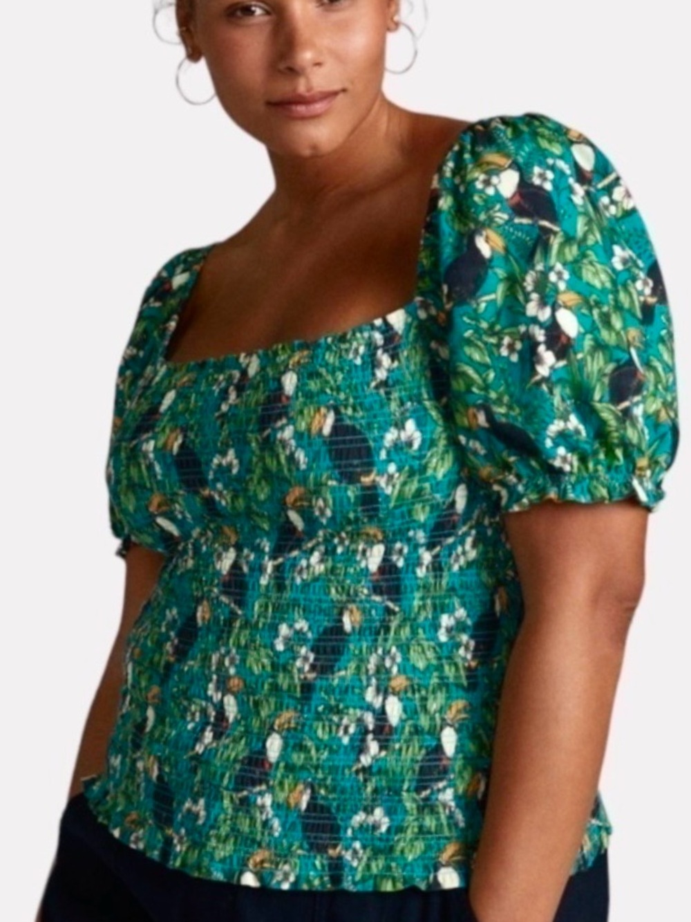 New‎ Anthropologie Dolan Left Coast Smocked Puff Sleeve Toucan Bird Print Top